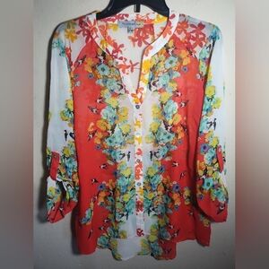 Floral Button-Front Women's Top - Coral & White